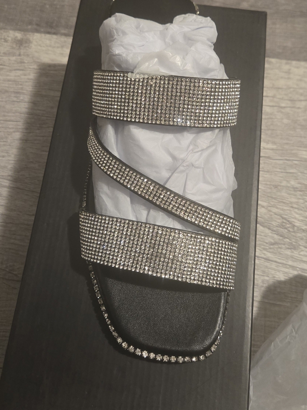 Women's Black Rhinestone Slide Sandals - Sparkling Strappy Design